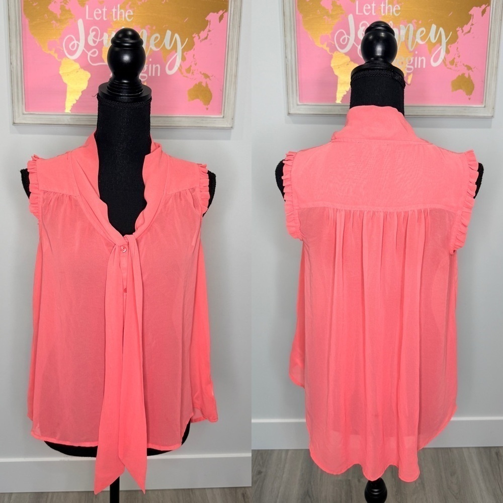 Forever 21 Coral Sheer Sleeveless Collared Blouse (S)